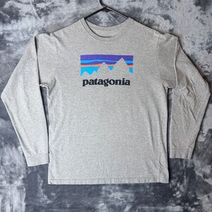 Patagonia Long Sleeve Grey T-Shirt Center Logo Graphic Size Small Regular